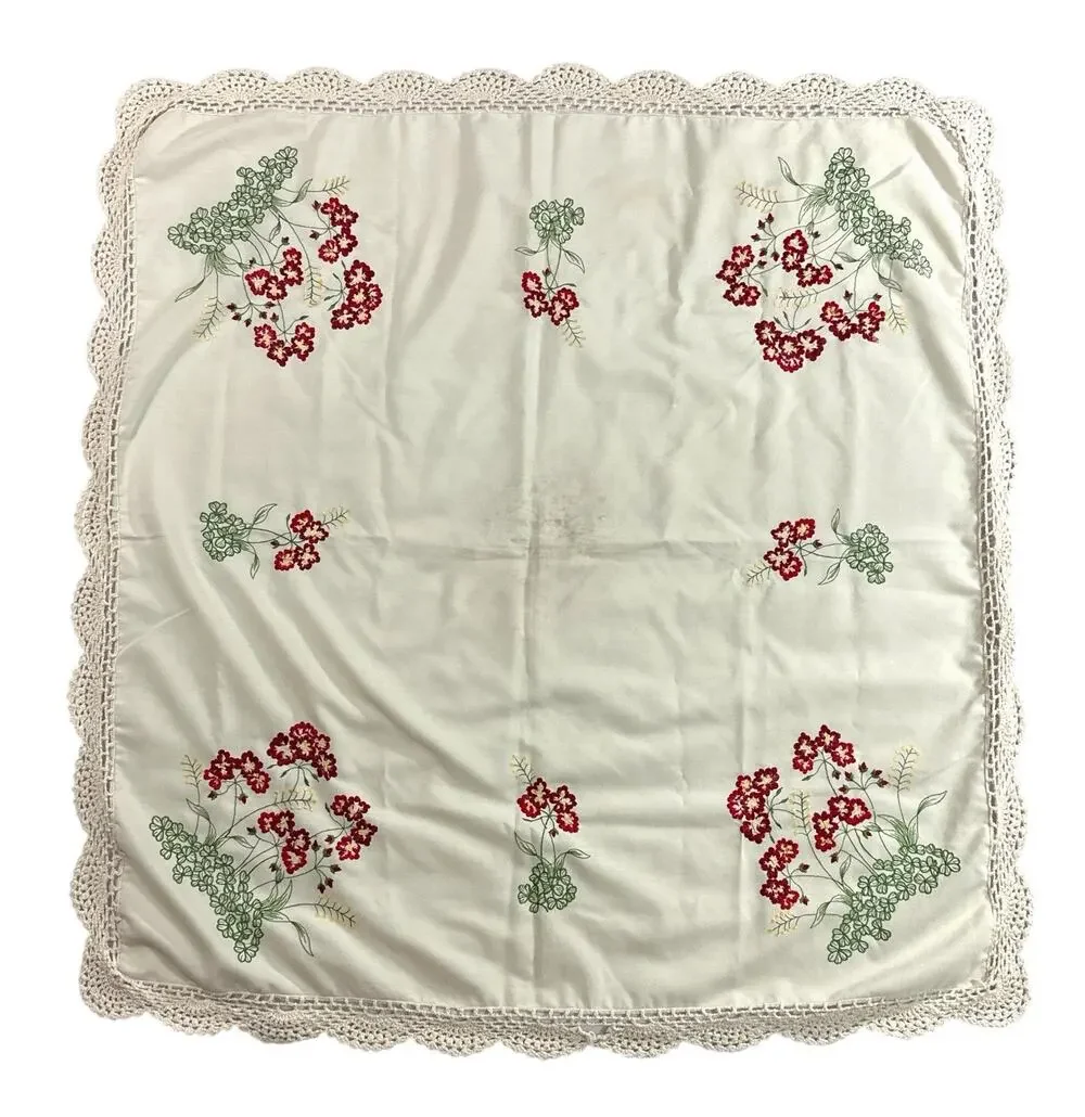 Vintage Embroidered Floral Table Topper 34x34 Crochet Lace Trim Square Linen